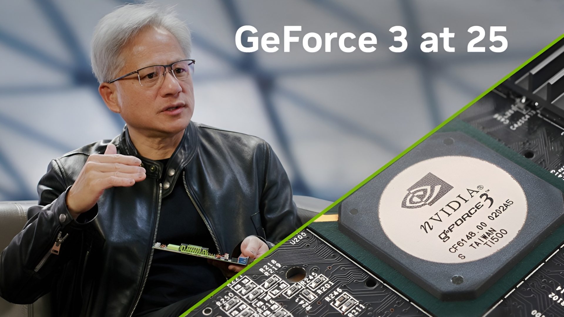 An individual holding a graphics card while a close-up shows an NVIDIA GeForce3 chip, with the text 'GeForce 3 at 25' in the background.