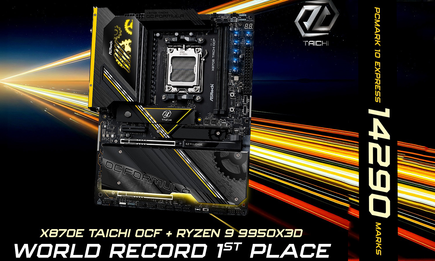 The ASRock X670E Taichi OCF motherboard partnered with the Ryzen 9 9950X3D holds the 'World Record 1st Place' in 'PCMark 10