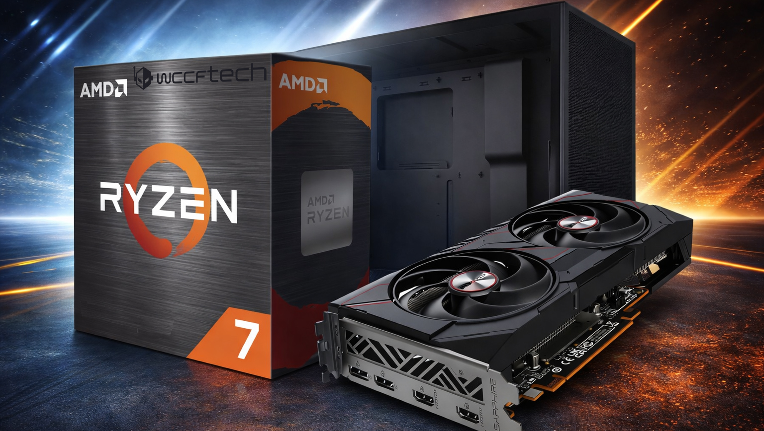 An AMD Ryzen 7 CPU box is displayed alongside a Sapphire graphics card in front of an open computer case.