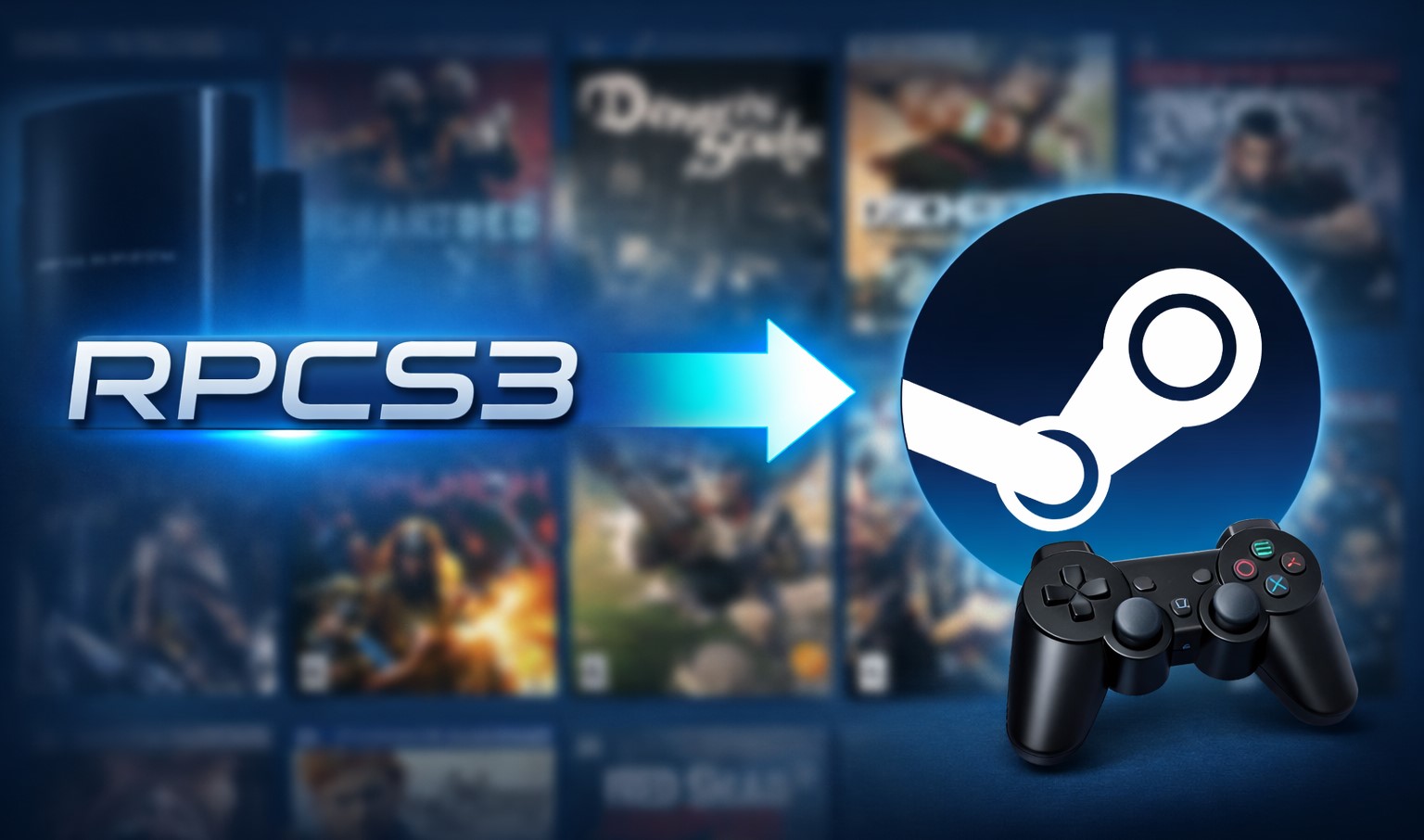 The image shows the logo of RPCS3 with an arrow pointing towards the Steam logo, alongside a PlayStation controller, against a blurred background of game cover images.