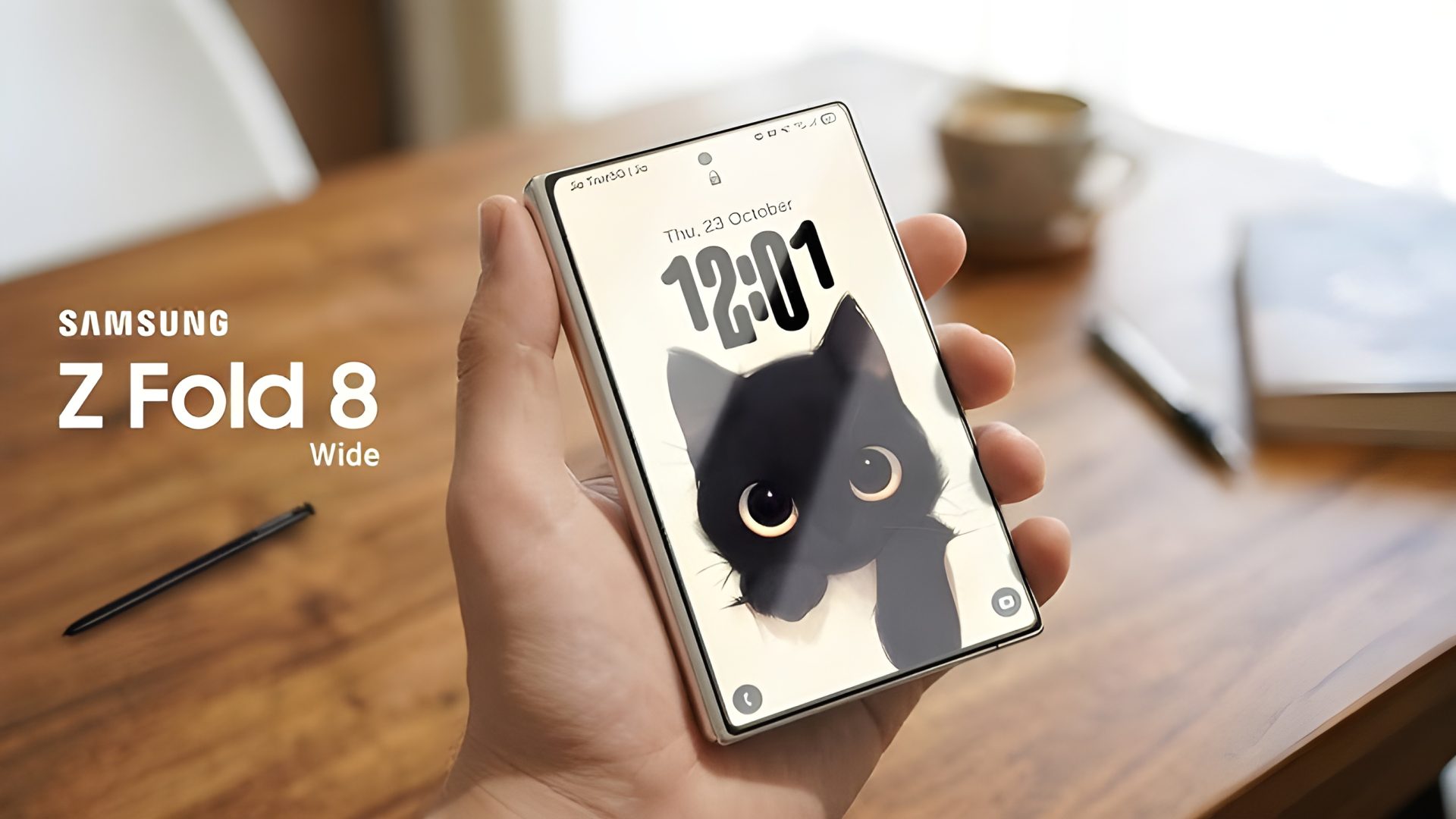 A hand holds a Samsung Z Fold 8 Wide displaying a lock screen with a black cat illustration and the time '12:01.'