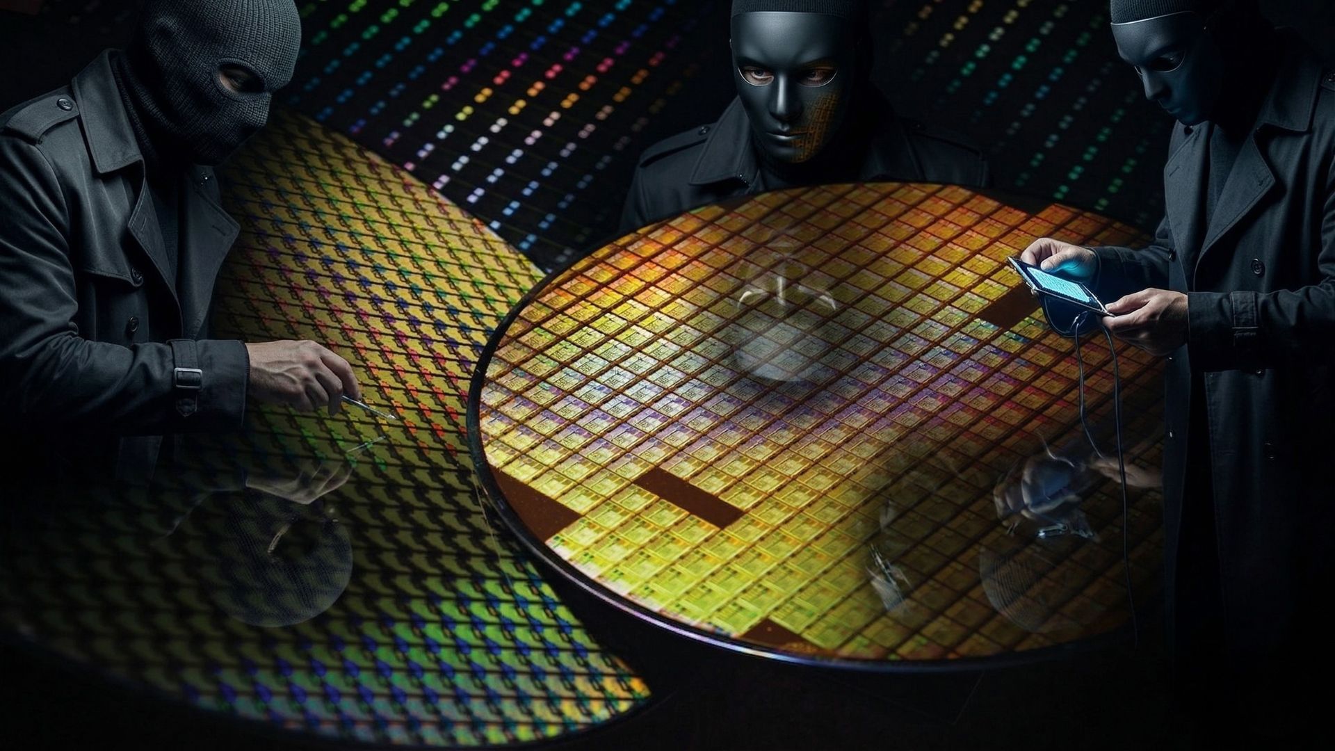 Masked individuals in dark clothing inspect a large, colorful semiconductor wafer under dim lighting.