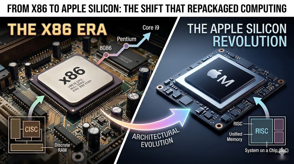 A split image contrasts 'The X86 Era' featuring an X86 CPU chip labeled '8086', 'Pentium', and 'Core i9', with 'The Apple