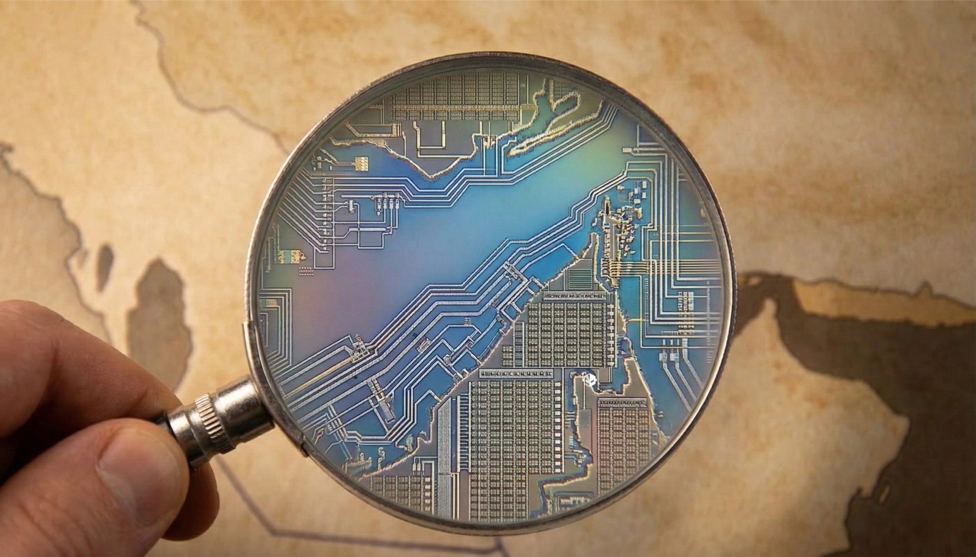A hand holding a magnifying glass focuses on the intricate circuitry of a microchip against a map background.