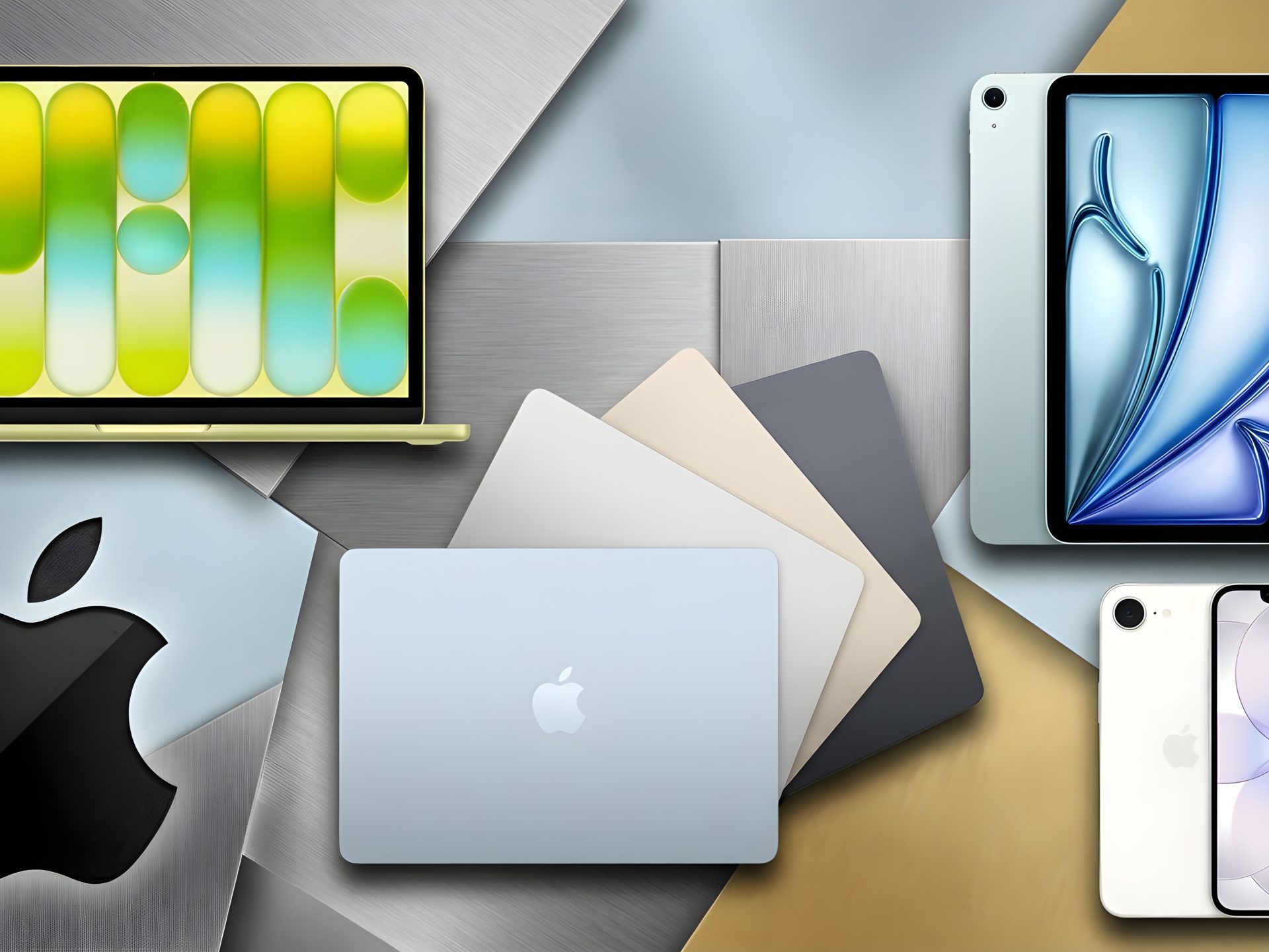 A collection of Apple devices including a MacBook with a colorful abstract screen, an iPad displaying a stylized blue wave design, and an iPhone with a minimalist screen, surrounded by laptops and other Apple products.
