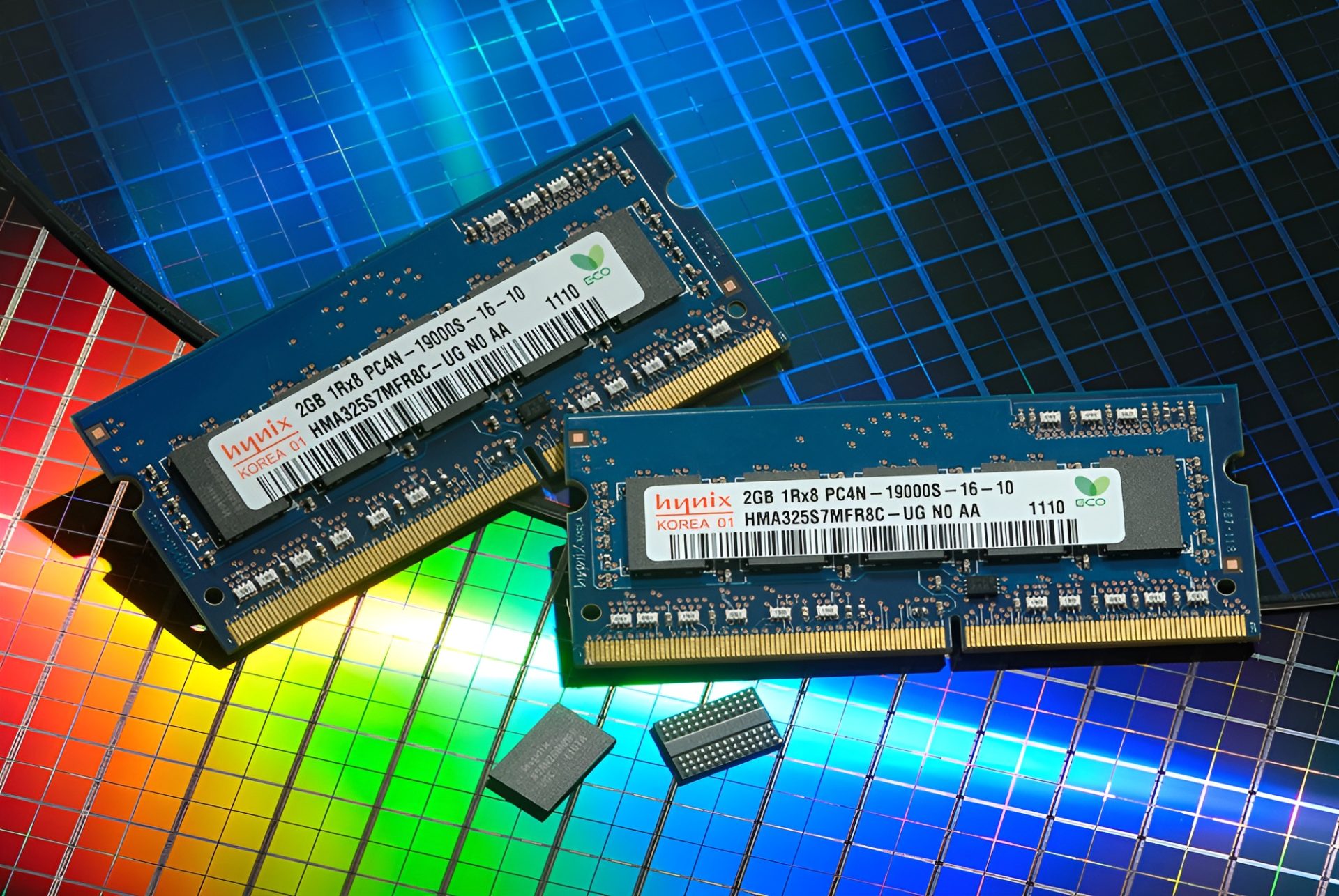 Two Hynix 2GB 1Rx8 PC4N-19000S memory modules labeled 'HMA325S7MFR8C - UG NO AA' placed on a vibrant silicon wafer surface.