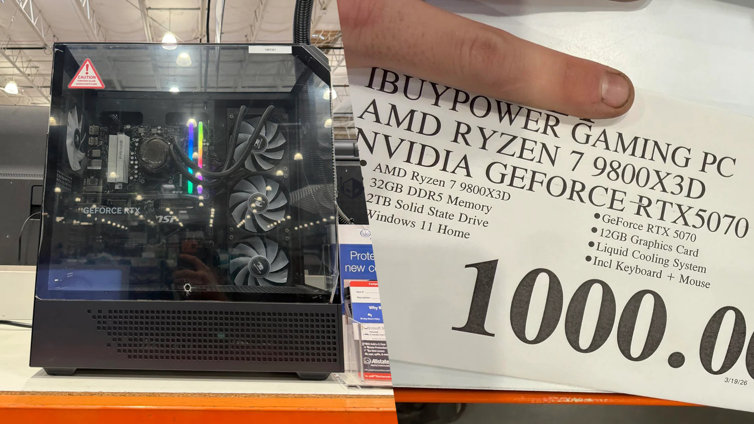 An iBUYPOWER gaming PC with an AMD Ryzen 7 9800X3D and an NVIDIA GeForce RTX 5070 is displayed, priced at 1000.00, featuring 32GB DDR5 memory and liquid cooling.
