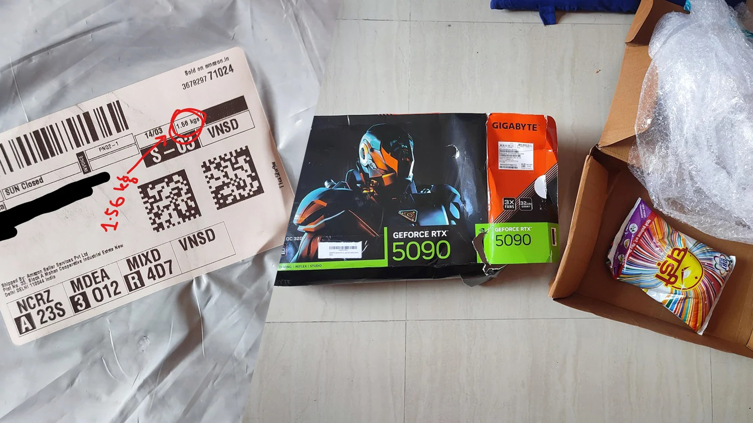 A damaged package label showing '1.56 kg' is next to an open box containing a Gigabyte GeForce RTX 5090 graphics card package and a bag of snacks.