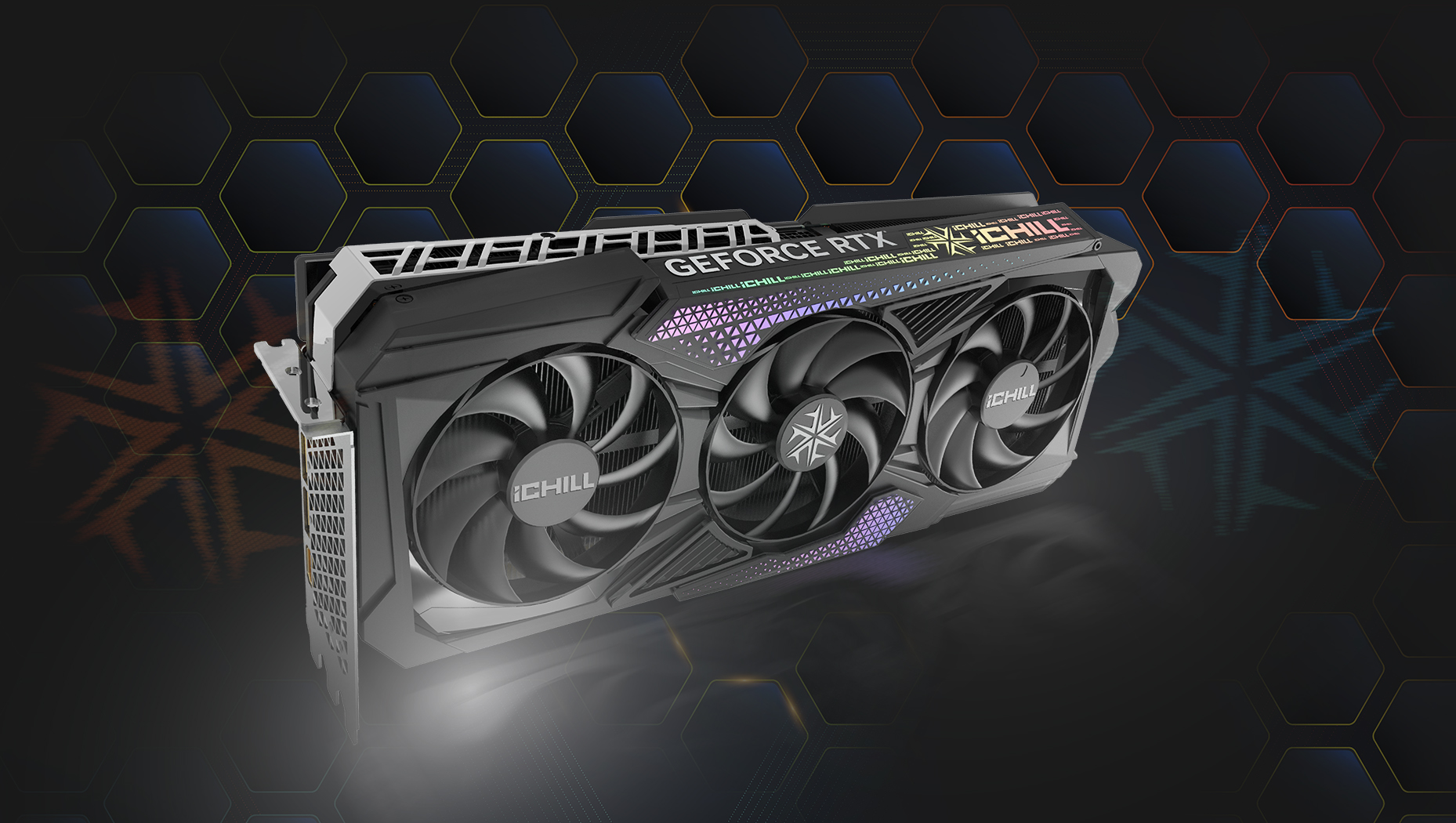 An iChill NVIDIA GeForce RTX graphics card with triple fans is shown against a dark geometric background.