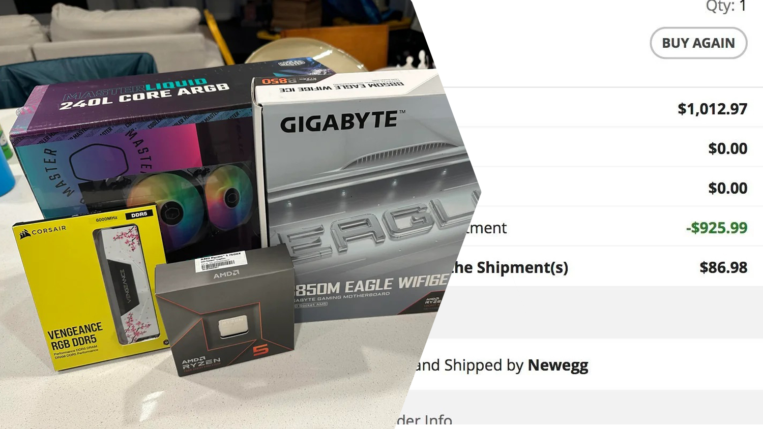 Boxes of a Cooler Master Liquid 240L Core ARGB cooler, GIGABYTE B550M Eagle WiFi motherboard, Corsair Vengeance RGB DDR5 RAM, and AMD Ryzen 5 7600X processor next to a Newegg receipt showing a total charge of $86.98.