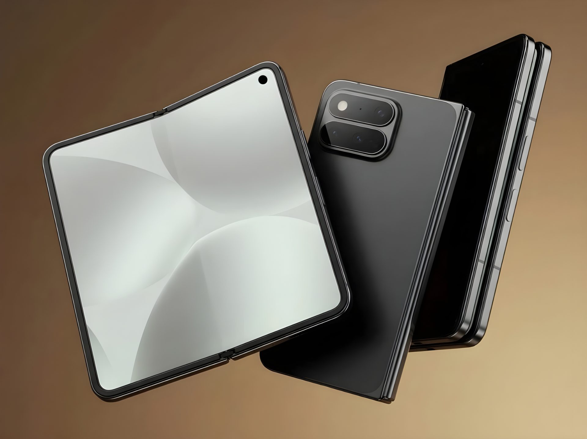 Three unbranded foldable smartphones displayed with open and closed screens, showcasing dual rear camera modules.