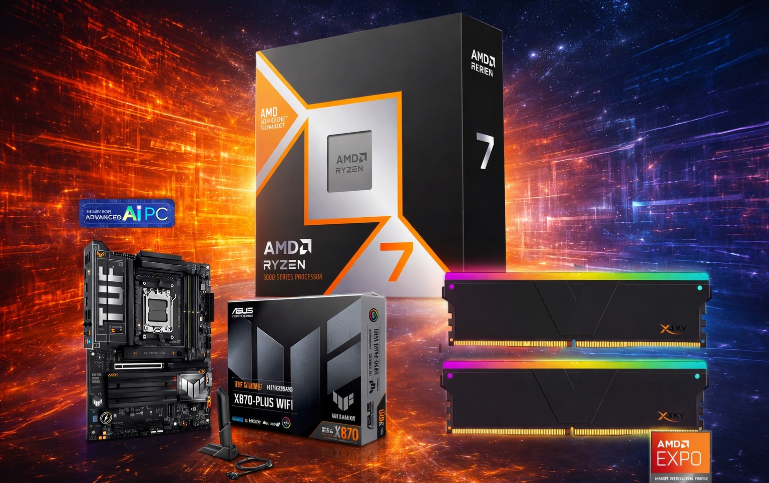 The image showcases an AMD Ryzen 5000 Series processor box, ASUS TUF X670-PLUS WiFi motherboard, and RGB RAM, with 'AMD 3D V-Cache Technology' and 'AMD EXPO' labels.
