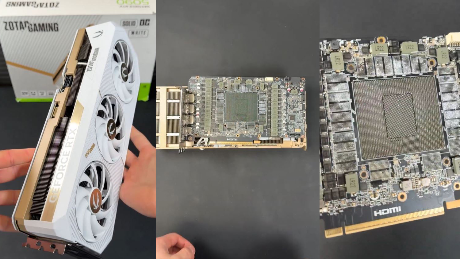 A ZOTAC Gaming GeForce RTX graphics card with a white and gold design is held in hand, alongside a close-up view of its circuit board featuring 'HDMI' labeling.