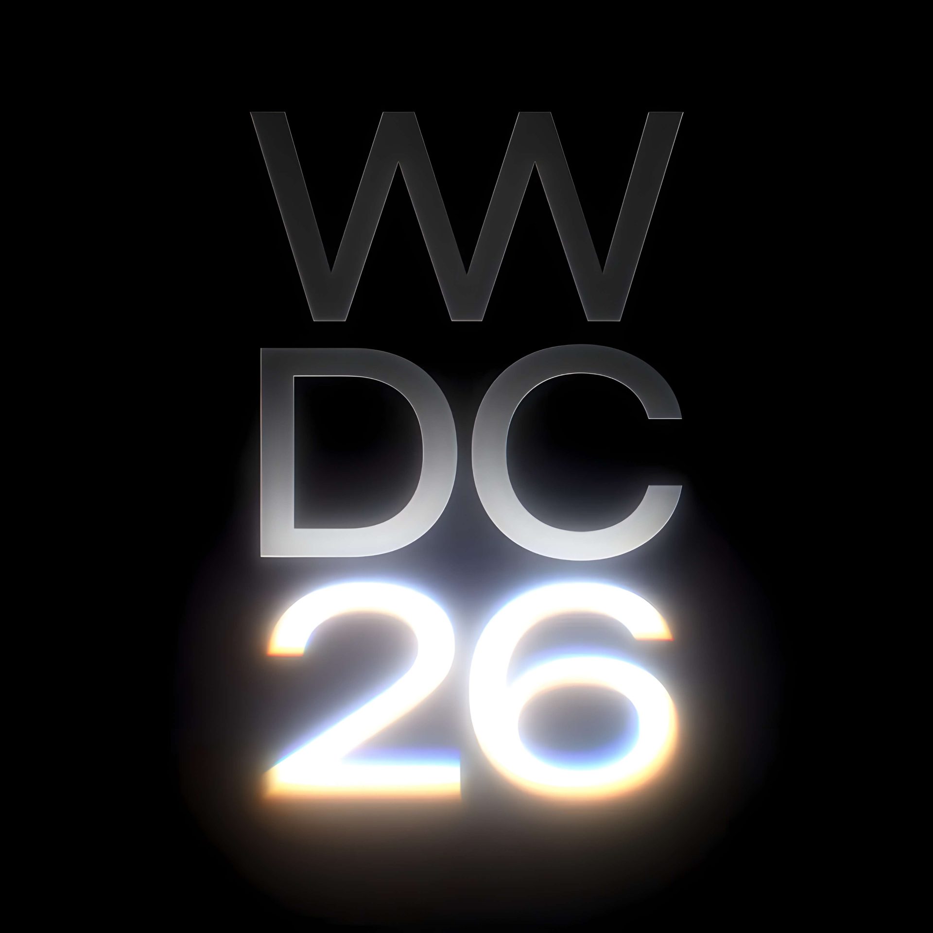 A logo for 'WWDC 26' with a sleek, metallic design on a black background.