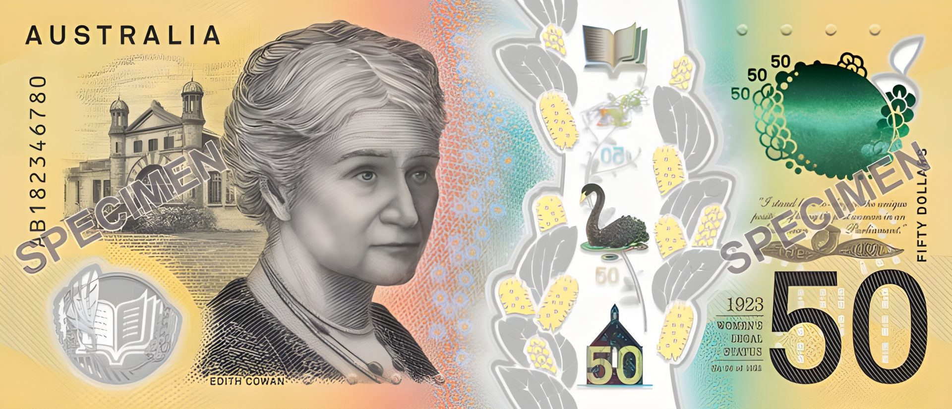An Australian $50 banknote featuring Edith Cowan, with 'SPECIMEN' text overlaid, intricate artwork of a black swan, and the number '50'.