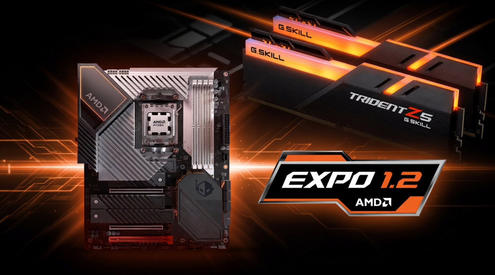 A promotional image featuring the AMD Ryzen motherboard next to G.Skill Trident Z5 memory modules and AMD 'EXPO 1.2' text.