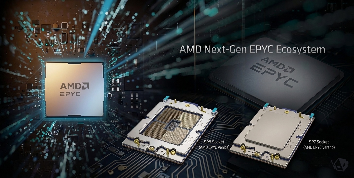 An image showcasing AMD EPYC processors with 'AMD Next-Gen EPYC Ecosystem' text, including a close-up of sockets labeled 'SP8 Socket (AMD EPYC Venice)' and 'SP7 Socket (AMD EPYC Verano)'.