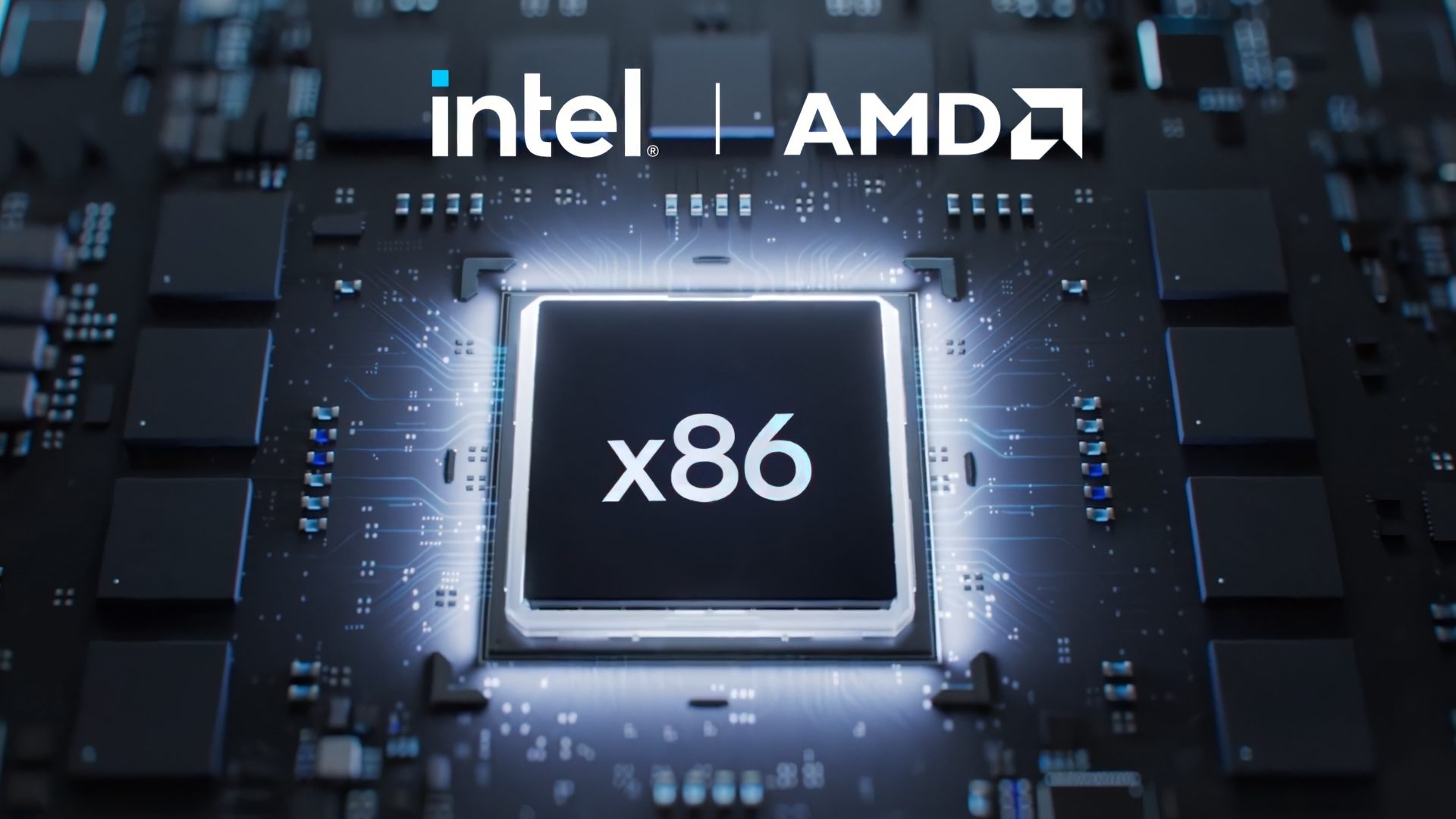 An Intel and AMD branded processor displays 'x86' on its surface, surrounded by a circuit board.