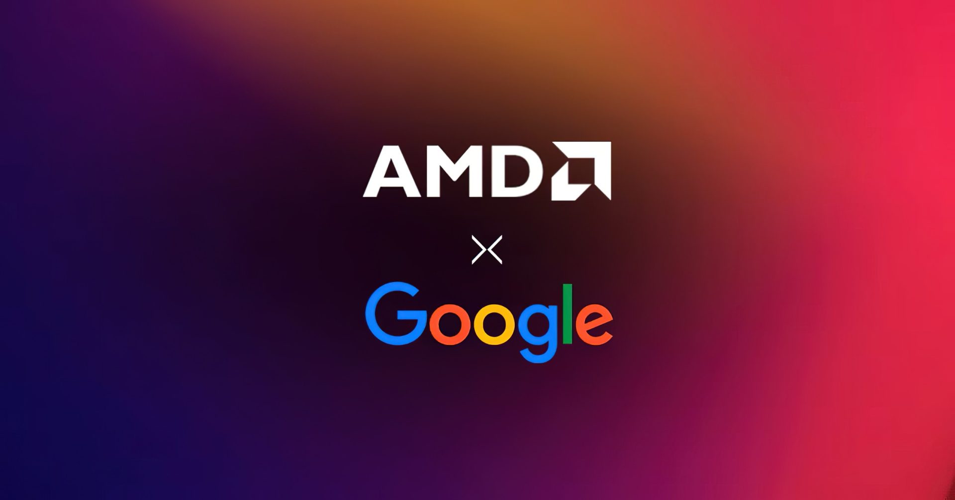 The logos of AMD and Google are displayed with an x between them, set against a gradient background of purple and red tones.