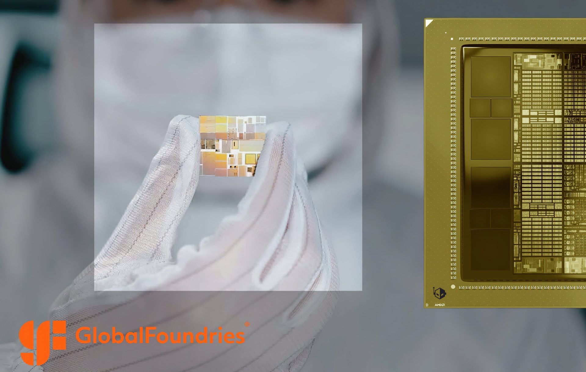 A gloved hand holds a silicon wafer in front of a GlobalFoundries logo, with an AMD-branded chip displayed on the right.