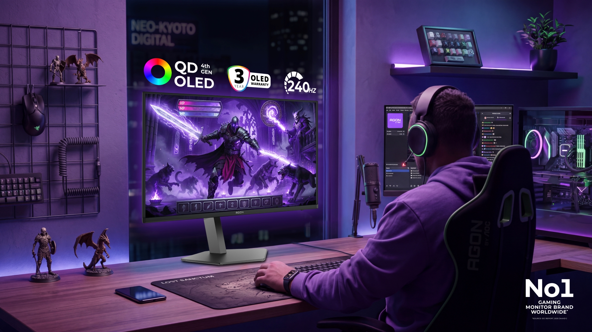 A person in a gaming setup is playing a game featuring a purple-clad fantasy character on an AGON monitor by AOC with 'QD OLED 4th Gen' and '240Hz' displayed, and a 'No1 Gaming Monitor Brand Worldwide' logo at the bottom-right.
