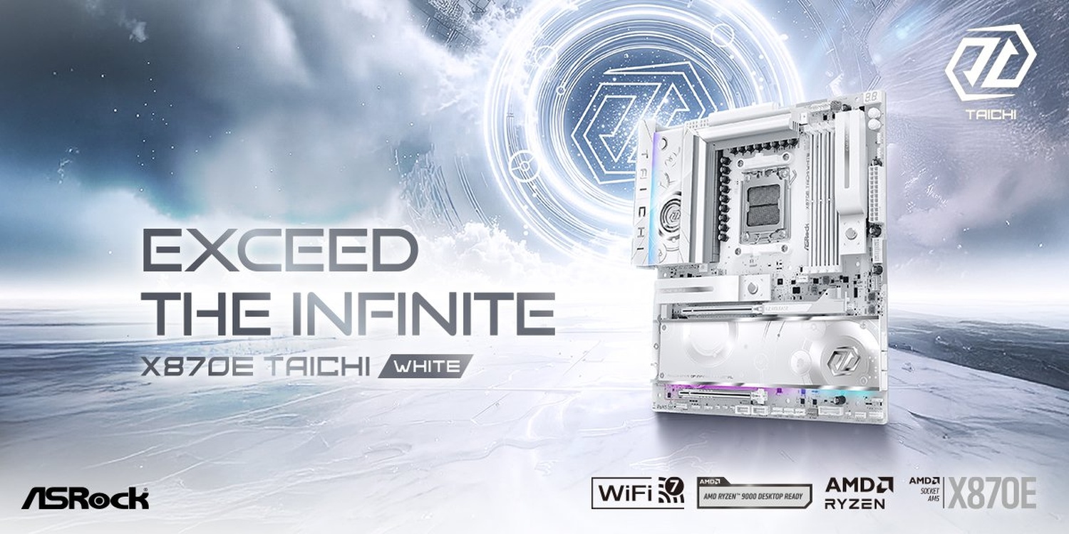 The image features the ASRock X870E Taichi White motherboard with phrases 'EXCEED THE INFINITE' and 'X870E Taichi White' against a futuristic, cloudy background, highlighting compatibility with AMD Ryzen 9000 series and support for WiFi 7.