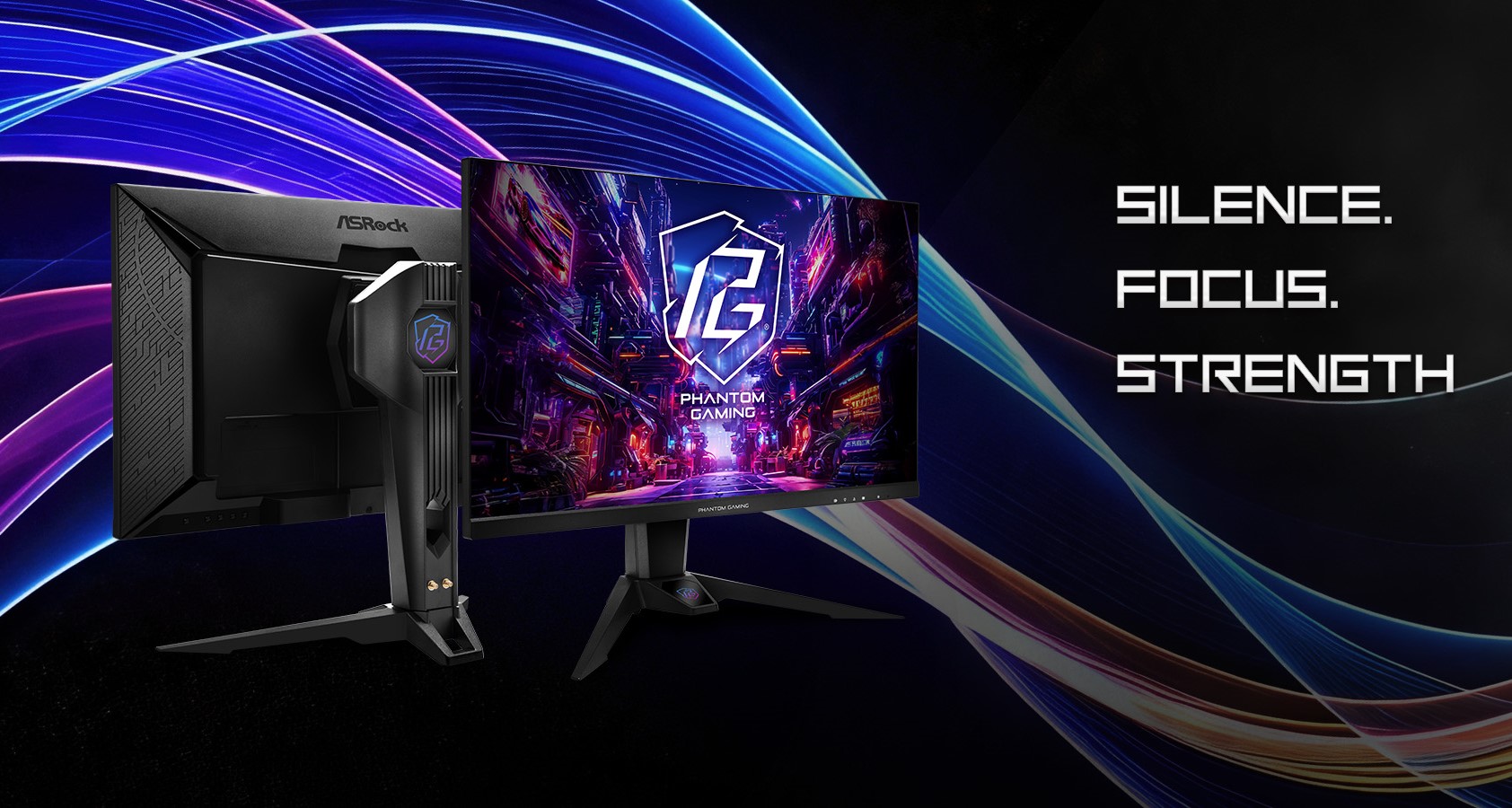 An ASRock Phantom Gaming monitor is displayed with its screen and base featuring the Phantom Gaming logo, accompanied by the words 'Silence. Focus. Strength.' on the right side.