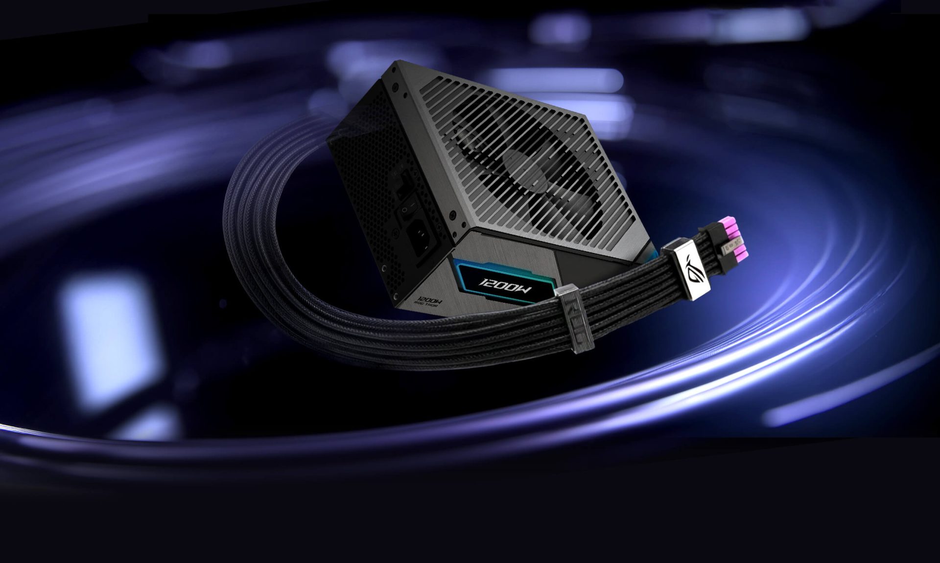 A Republic of Gamers (ROG) power supply unit marked '1200W' with braided cables on a futuristic, dark blue background.