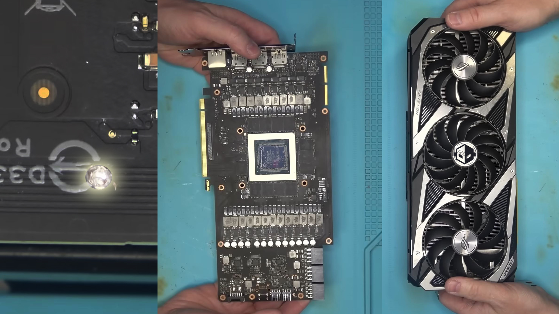 A disassembled ASUS ROG Strix graphics card with exposed components including the PCB, GPU chip, and cooling system seen on a blue background.