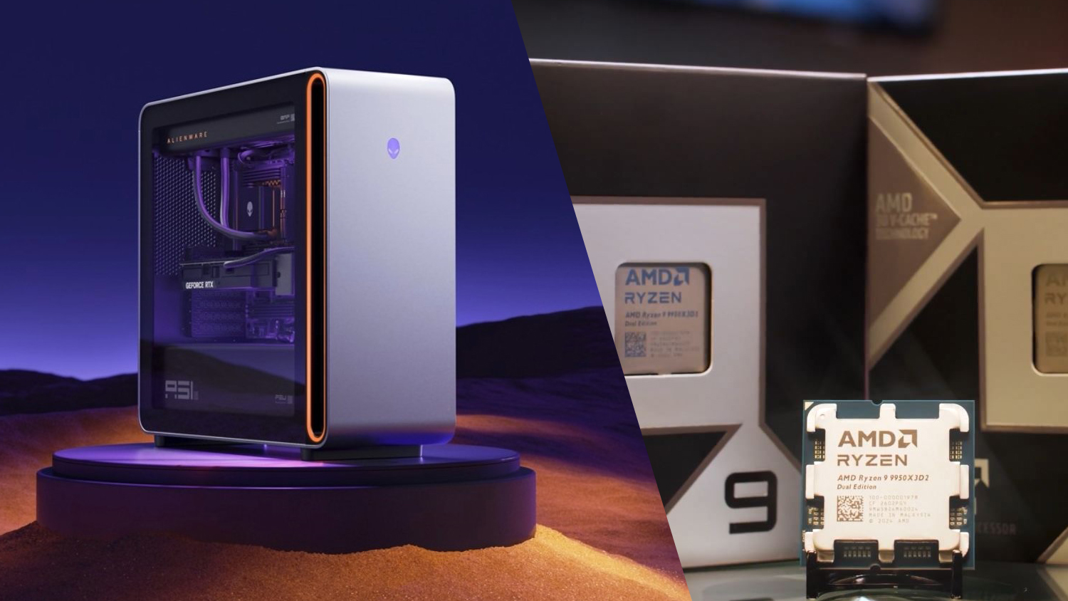 An Alienware desktop with a visible GeForce RTX graphics card is shown alongside an AMD Ryzen 9 9950X3D2 Dual Edition processor.