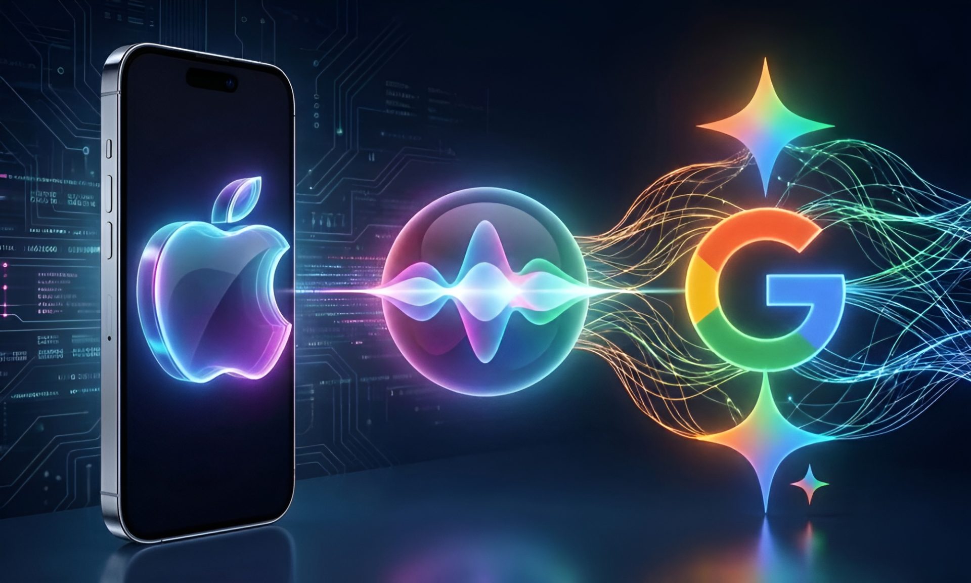 A digital illustration shows a smartphone displaying the Apple logo alongside colorful representations of Siri and Google logos connected by glowing lines on a dark technological background.