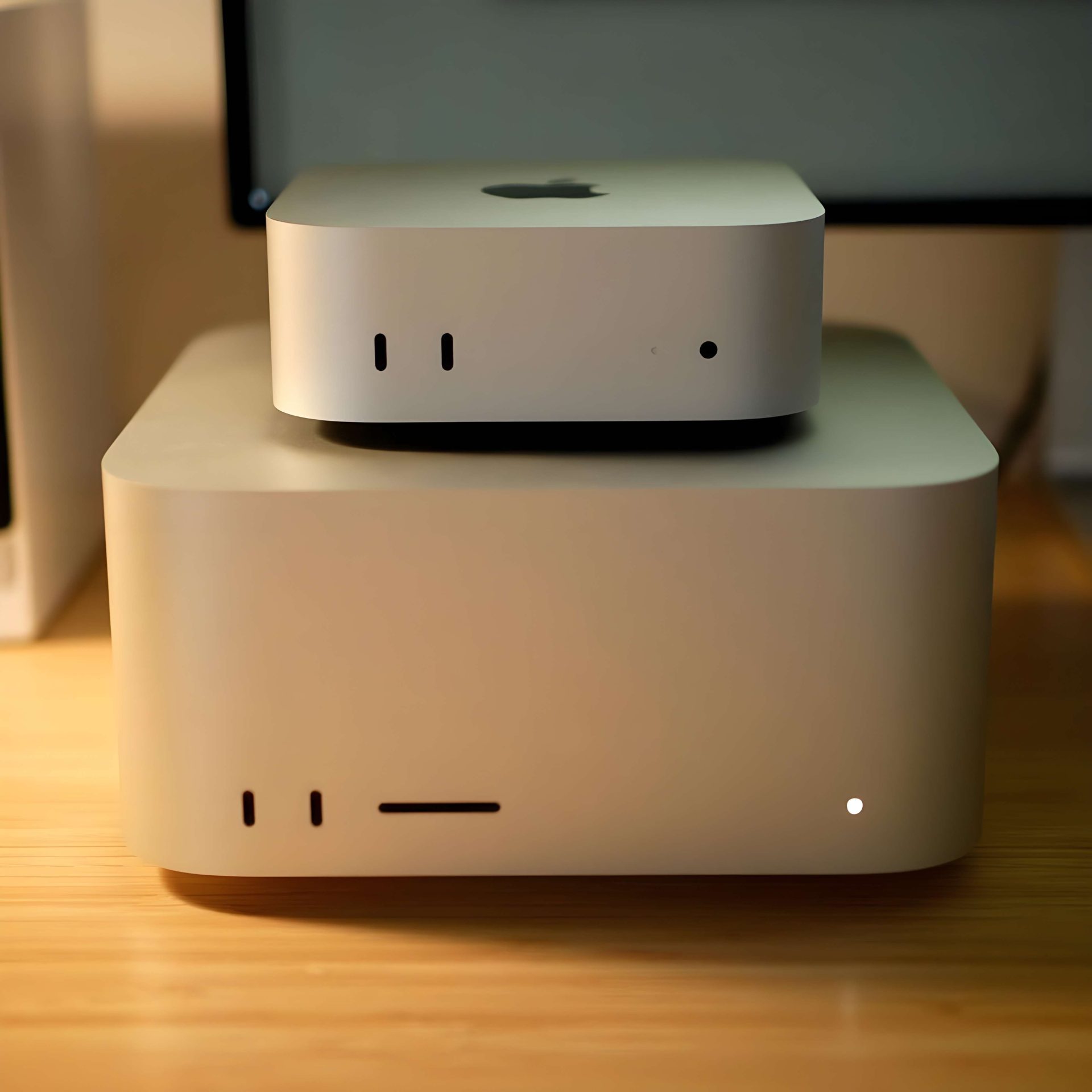 Two Apple Mac Minis are stacked on a wooden desk, with the smaller model on top of a larger one, both featuring the Apple logo.