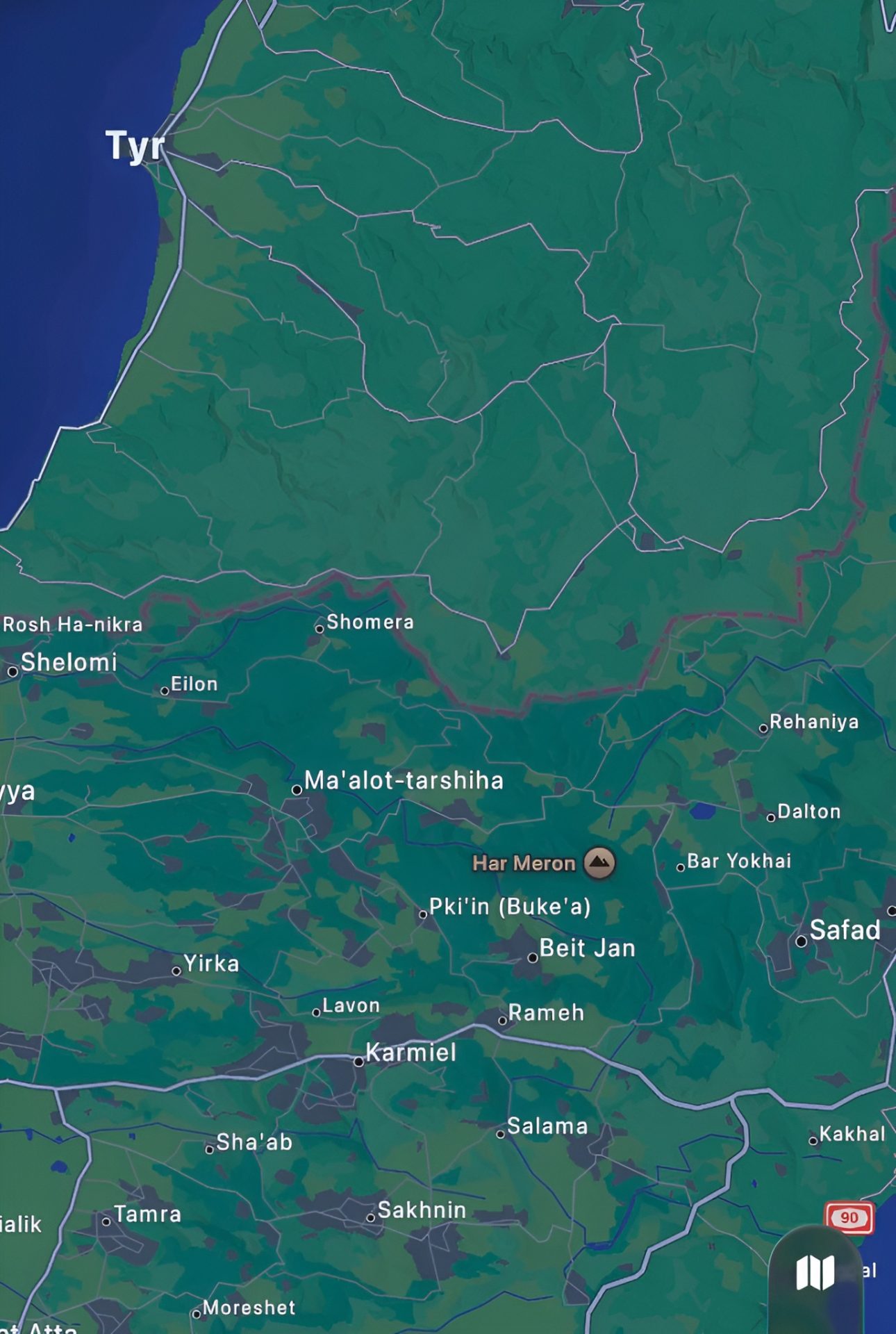 A map view from the Apple Maps app shows northern Israel, including locations like Ma'alot-tarshiha and Karmiel, with Har Meron marked in the center.