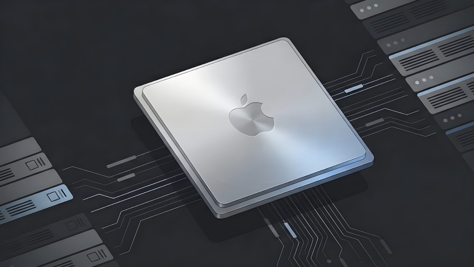 A close-up image of an Apple chip with a metallic finish and the Apple logo in the center, surrounded by abstract circuit