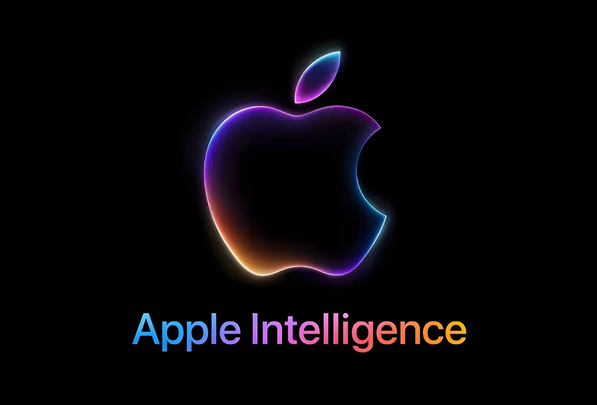 Apple logo with glowing colors and the text Apple Intelligence on a black background.