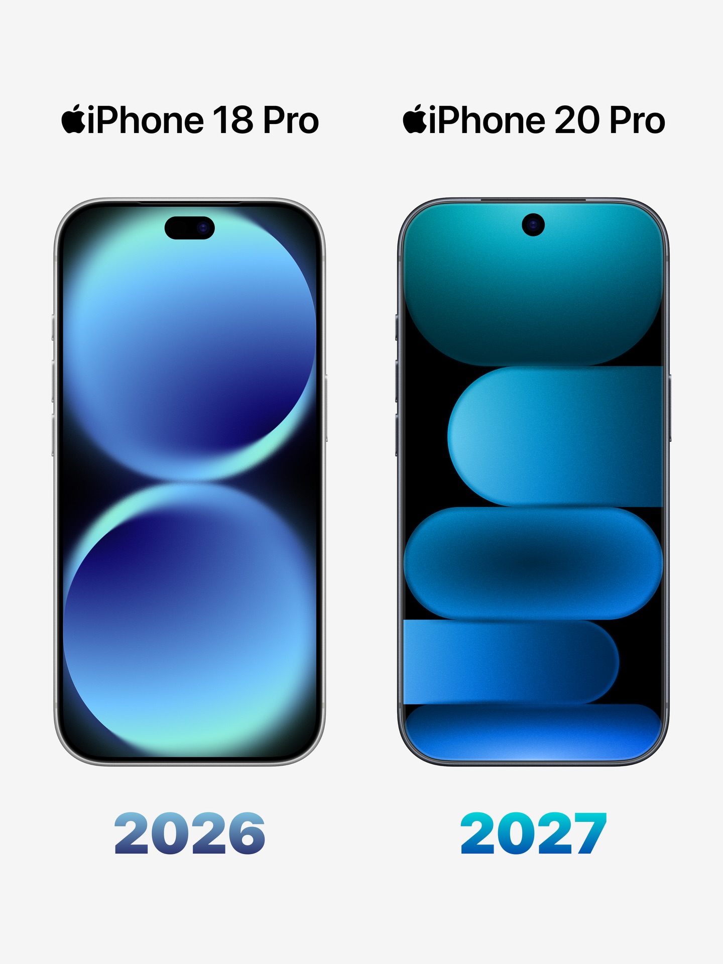 Two smartphones are shown side by side: an Apple iPhone 18 Pro labeled '2026' with a pill-shaped camera cutout, and an iPhone 20 Pro labeled '2027' with a centered hole-punch camera.