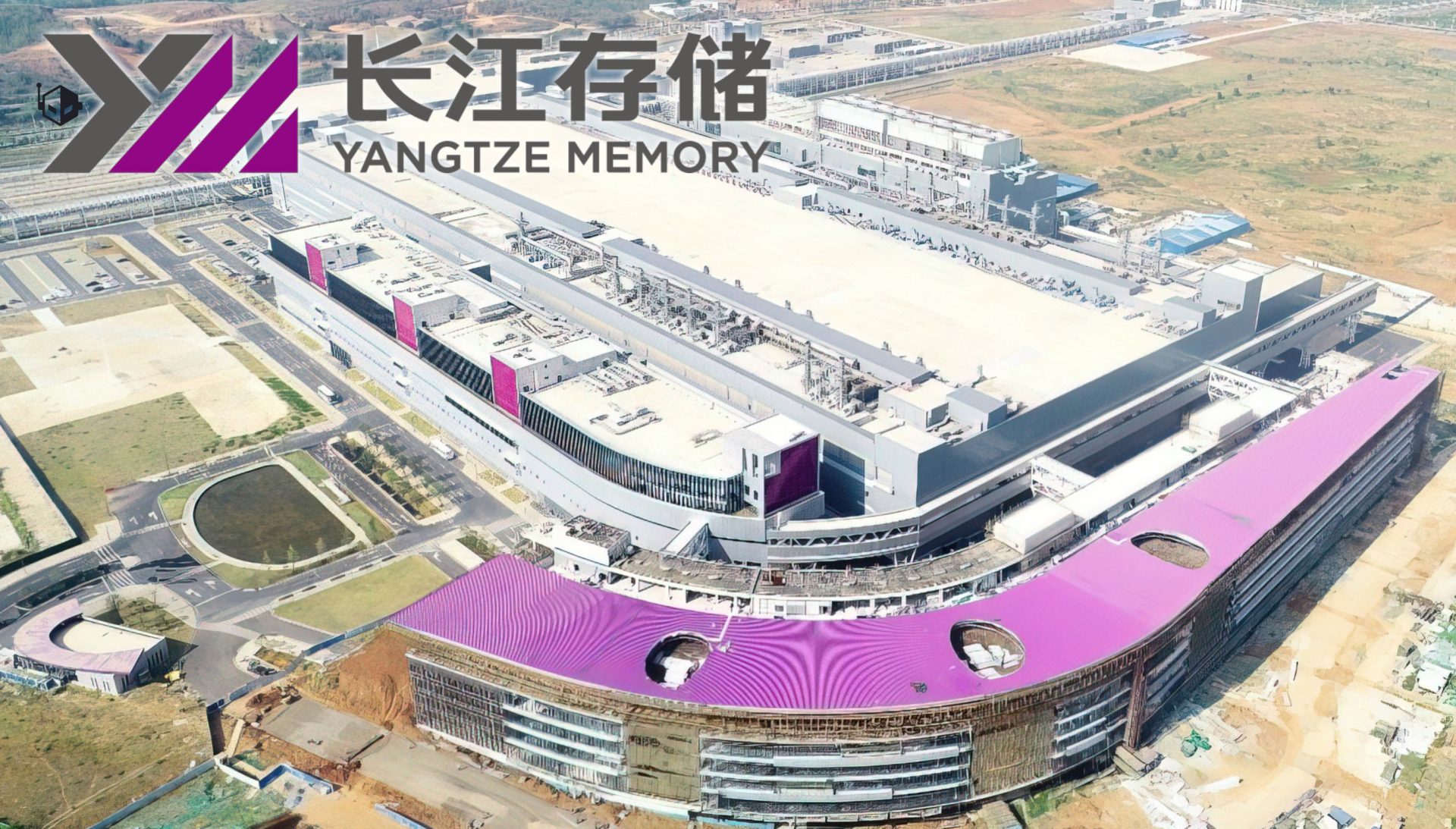 An aerial view of the Yangtze Memory Technologies factory with a large logo and the text 'YANGTZE MEMORY' in the top left corner.