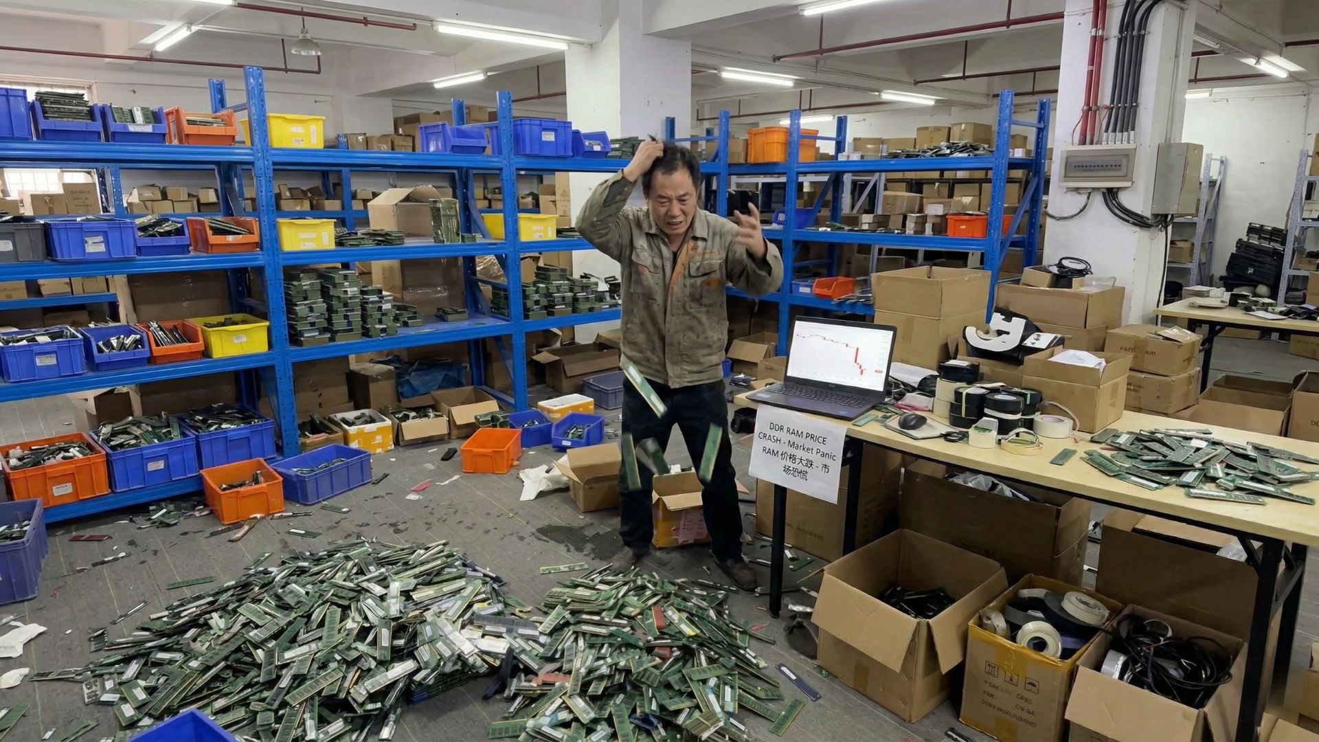A chaotic warehouse with a man looking distressed among piles of DDR RAM, alongside a laptop displaying a downward graph labeled 'DDR RAM PRICE CRASH - Market Panic'.