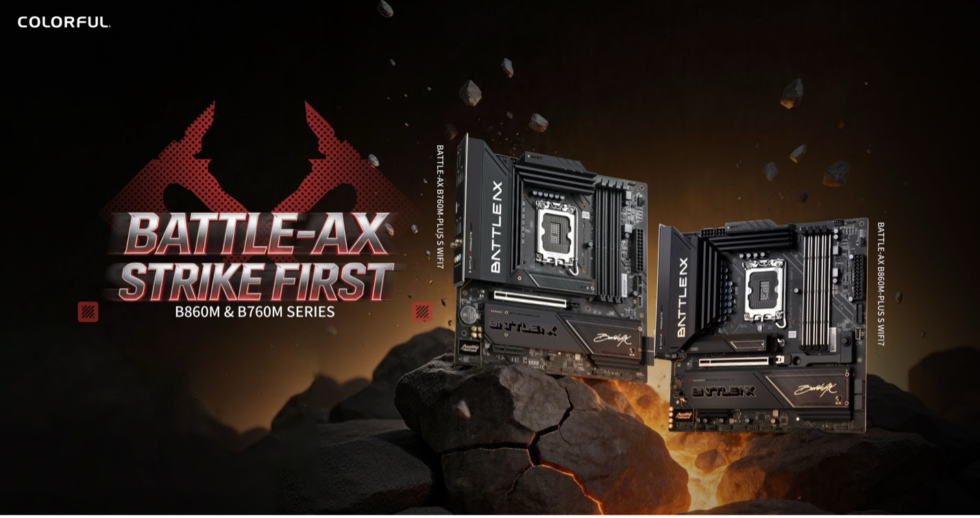 Two Colorful motherboards from the 'Battle-AX B860M & B760M Series' are depicted with the text 'Battle-AX Strike First' prominently displayed.