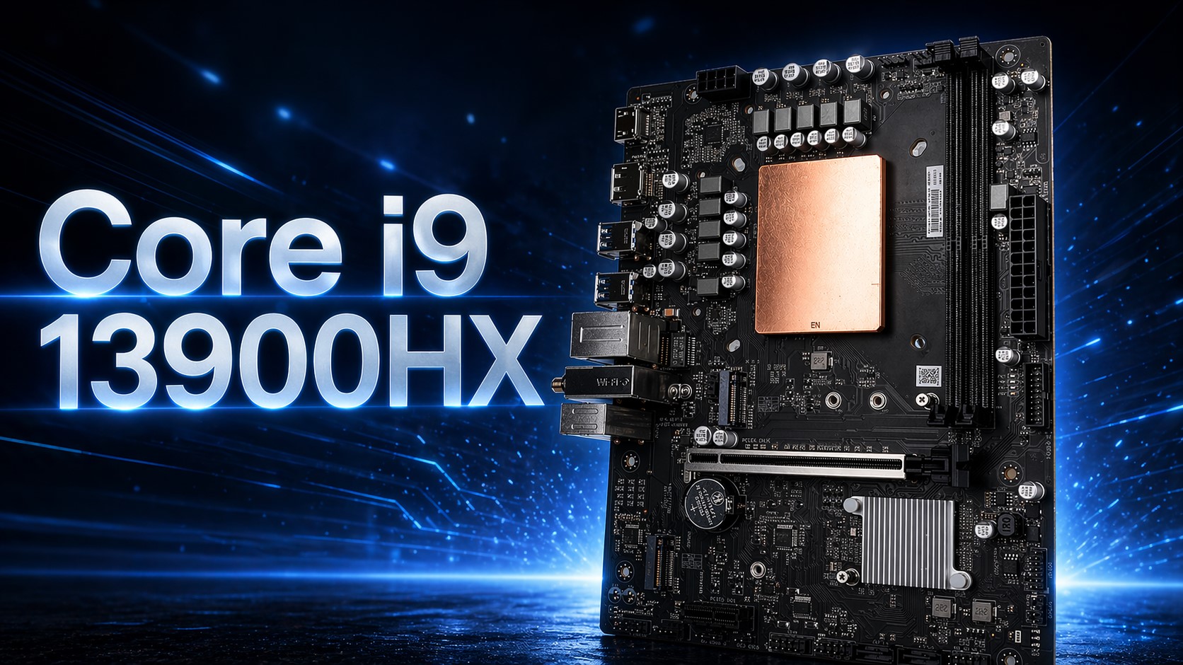 A motherboard beside large text displaying 'Core i9 13900HX' against a dynamic, blue tech-themed background.