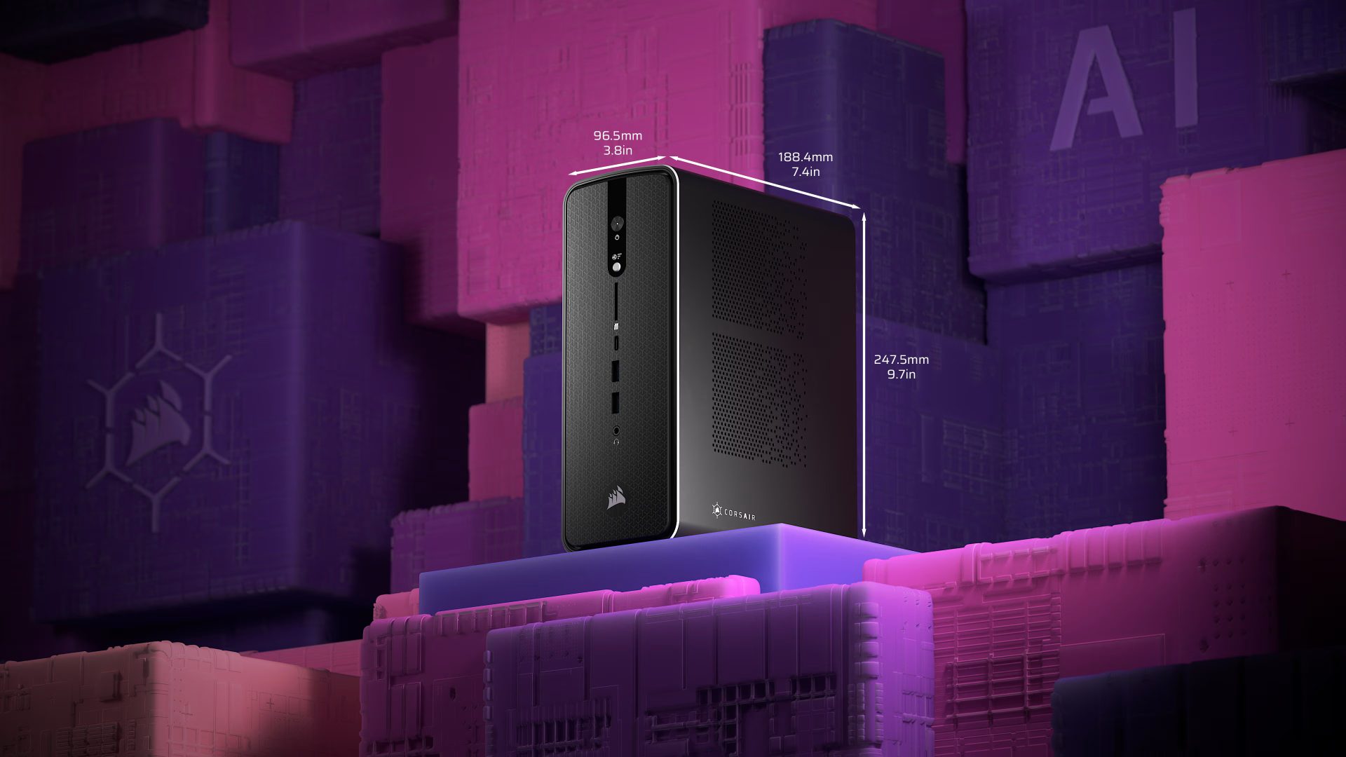 Compact black PC tower on a vibrant purple and pink geometric background.