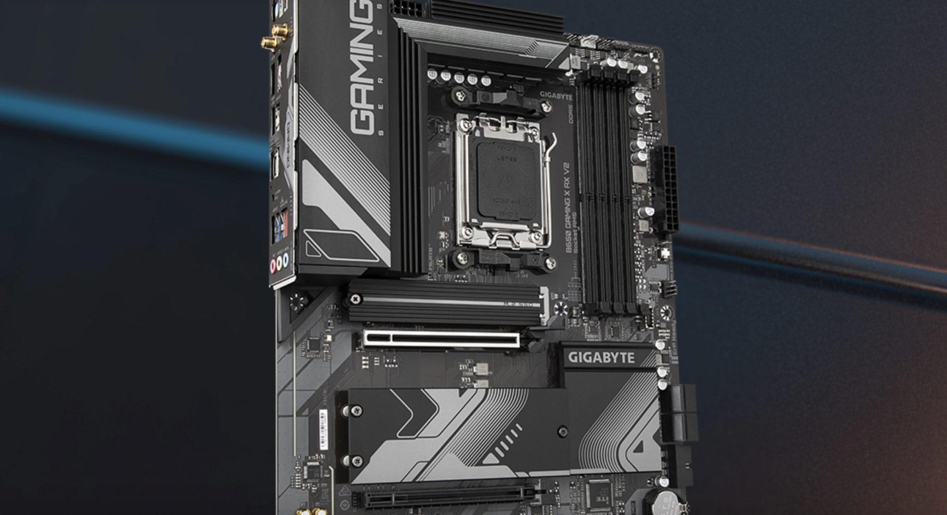 A Gigabyte B650 GAMING X AX V2 motherboard is shown with visible branding and component layout.