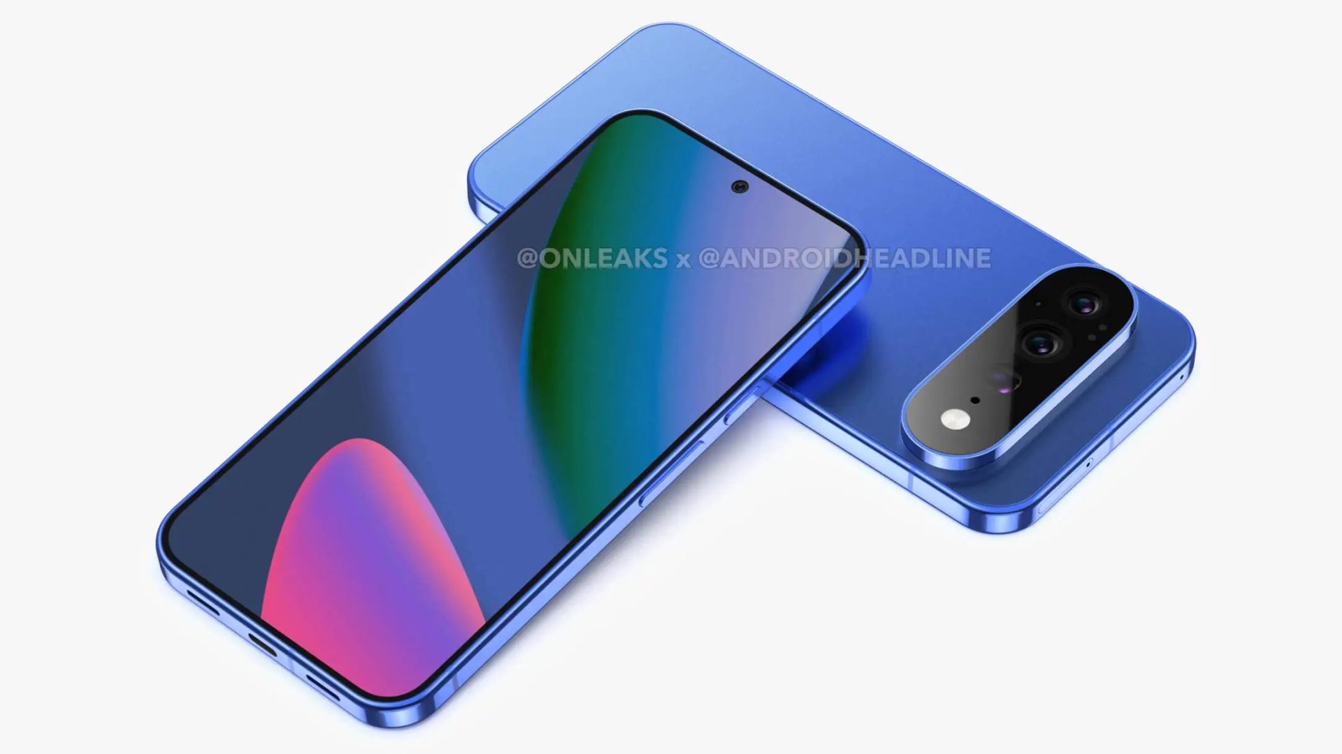 Two blue smartphones, one showing a screen with colorful abstract shapes and the other displaying a dual rear camera setup.