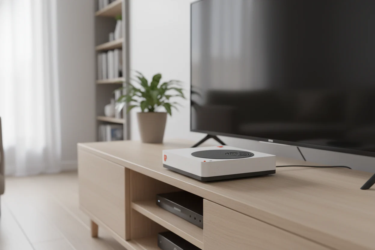 A mini PC labeled AYANEO is positioned on a wooden TV stand next to a flat-screen television in a modern living room setting.