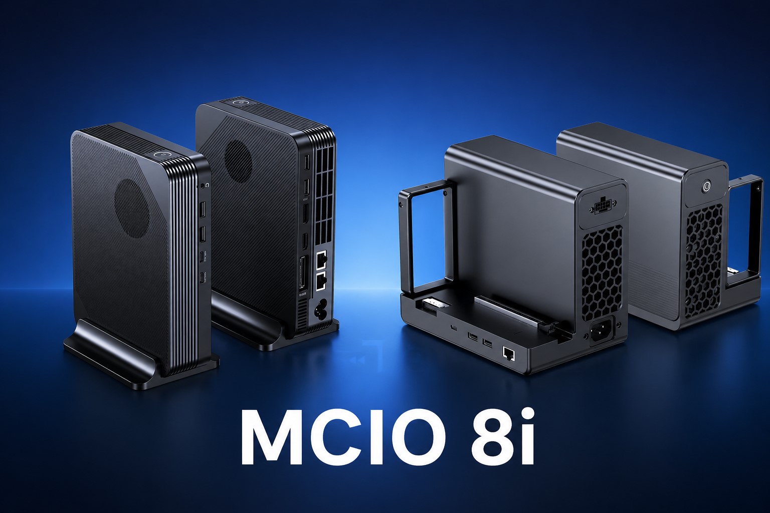 Four black Intel NUC MCIO 8i mini PCs are displayed on a blue background, showcasing their side ports and cooling vents.