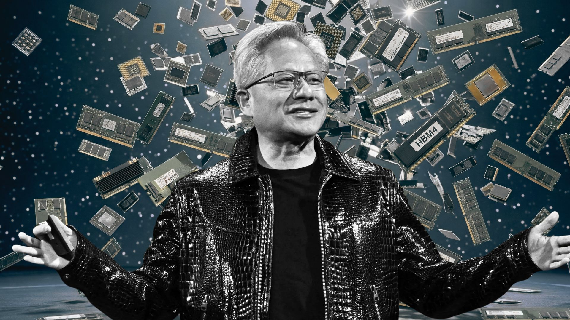 A person in a shiny jacket stands in front of an array of floating computer chips, with one labeled 'HBM4'.