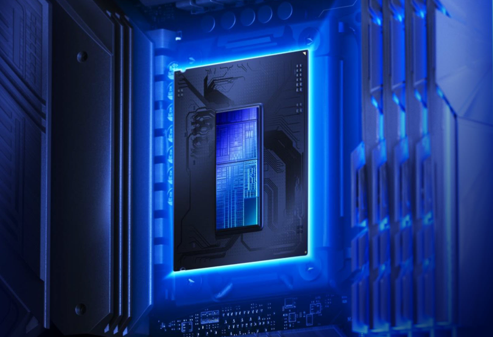 A close-up of an Intel Core Ultra processor embedded in a motherboard with blue lighting.