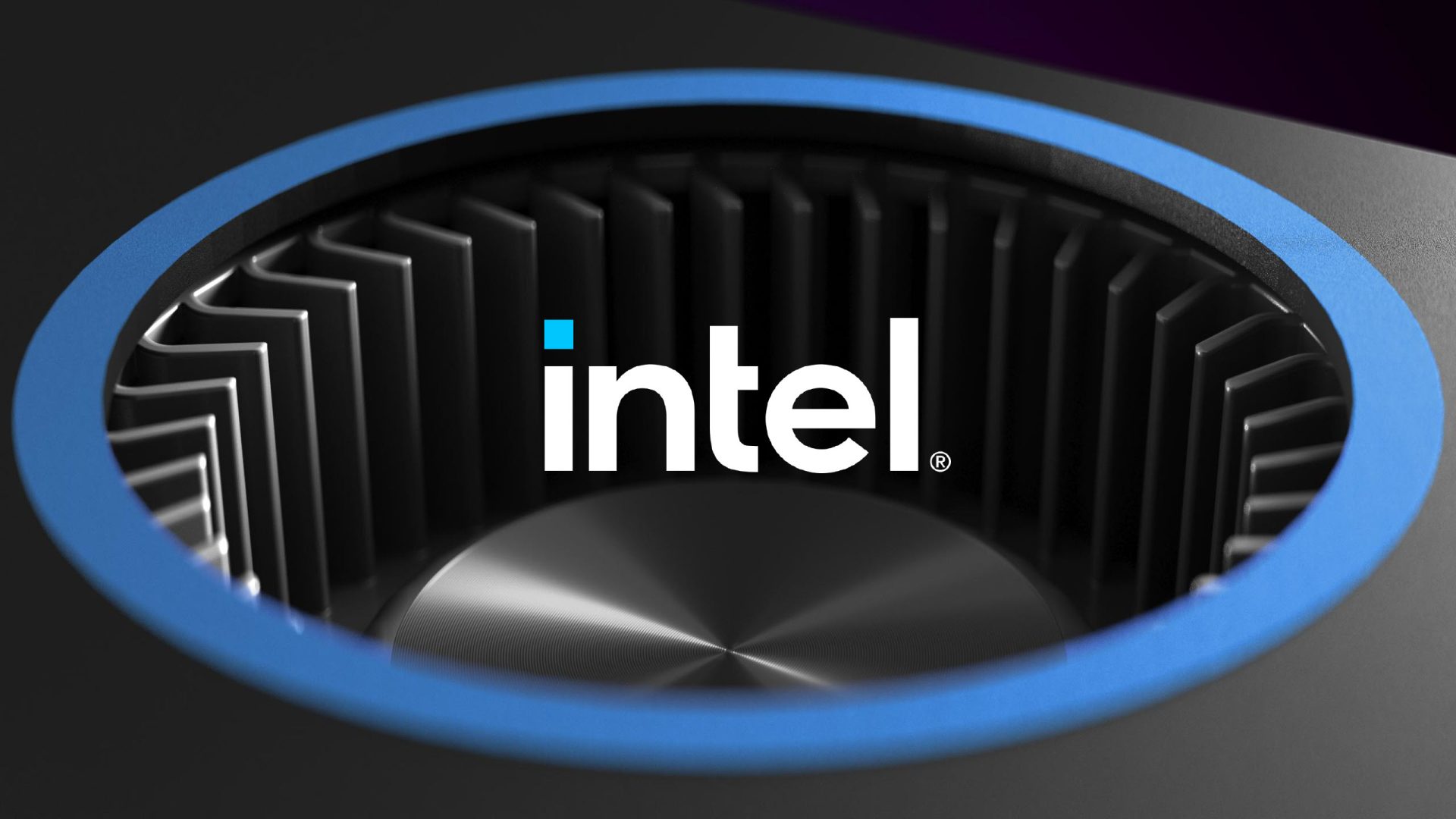 The Intel logo is displayed prominently over a black, circular, metallic structure with a blue accent.
