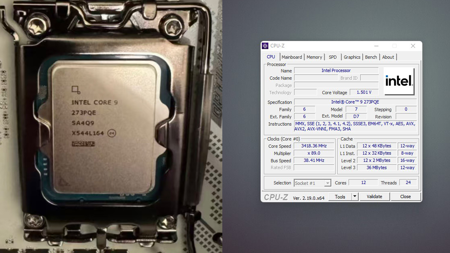 An Intel Core 9 273PQE processor is shown installed in a motherboard socket, alongside a CPU-Z application screen displaying detailed specifications including 'Core Voltage: 1.501 V' and 'Core Speed: 3418.36 MHz'.