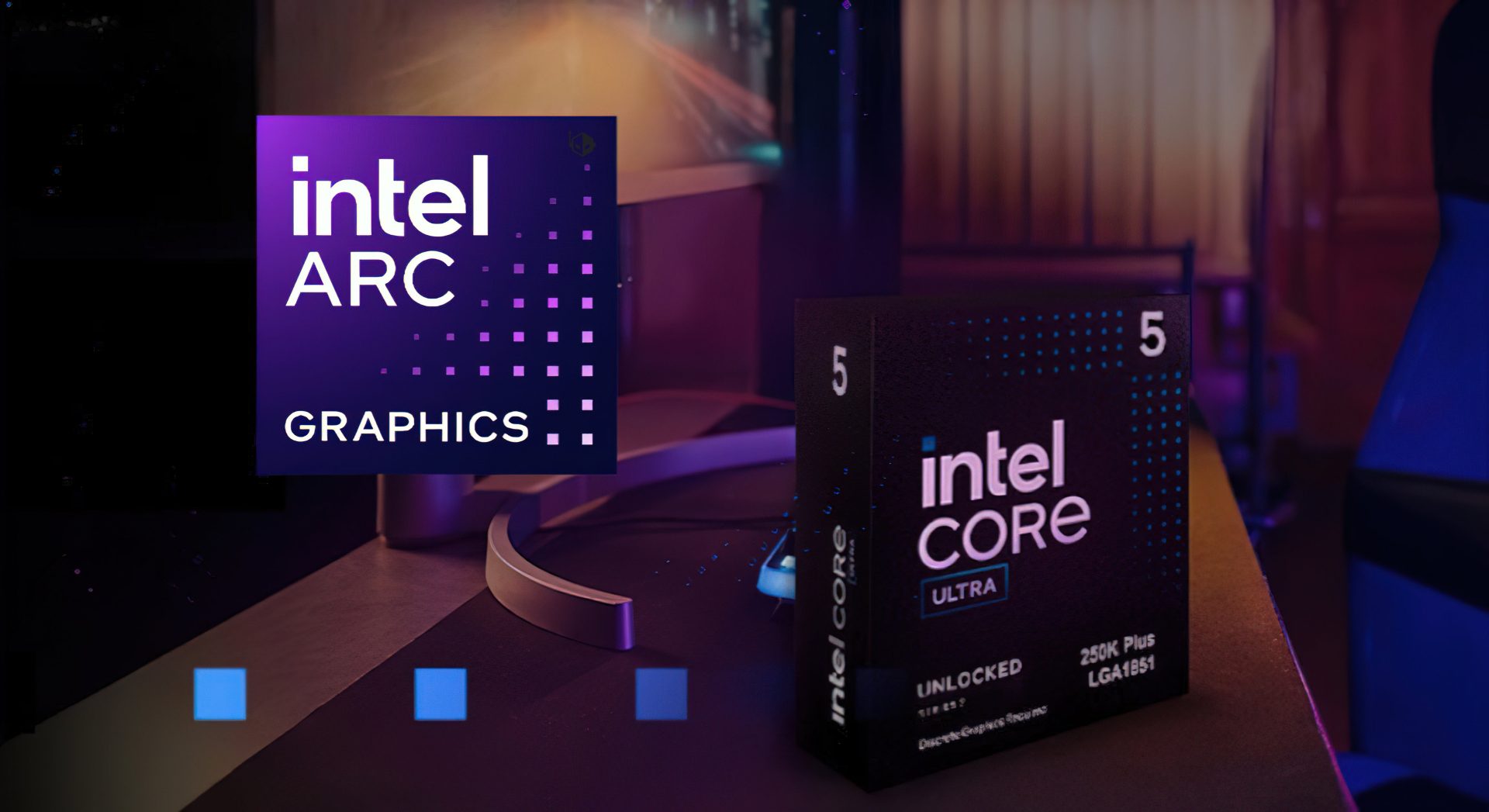 A box labeled intel CORE ULTRA 5 for the Intel Core Ultra 250K Plus processor sits next to an Intel Arc Graphics logo.